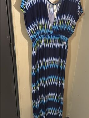 Navy Geometric V-Neck Maxi Dress with Elastic Waist